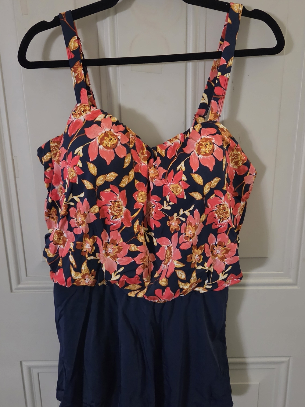 Denim&Co Navy Floral One-Piece Swimdress with Orange tropical flowers Size 16
